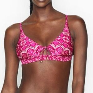 Tigerlily Swim Keyhole Triangle Bikini Top Size L Pink Boho Print Tie Bow Girly